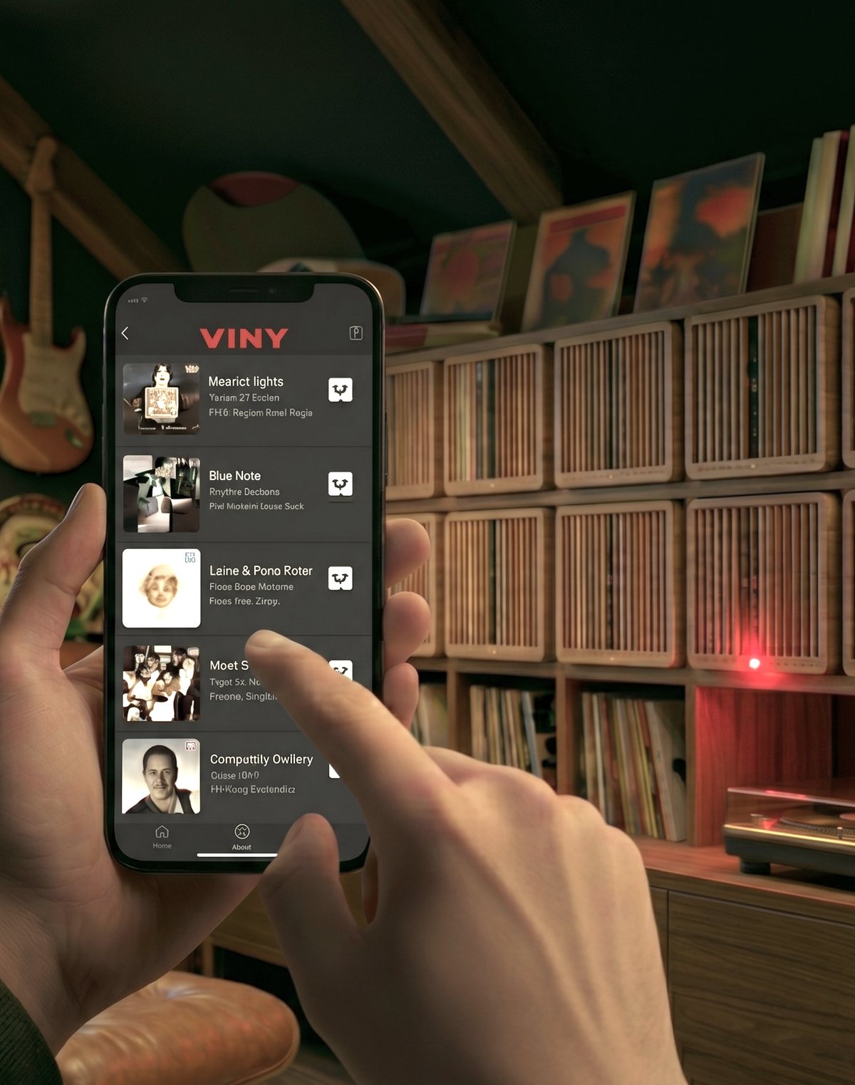 Viny app on a phone, held in front of a vinyl record shelf